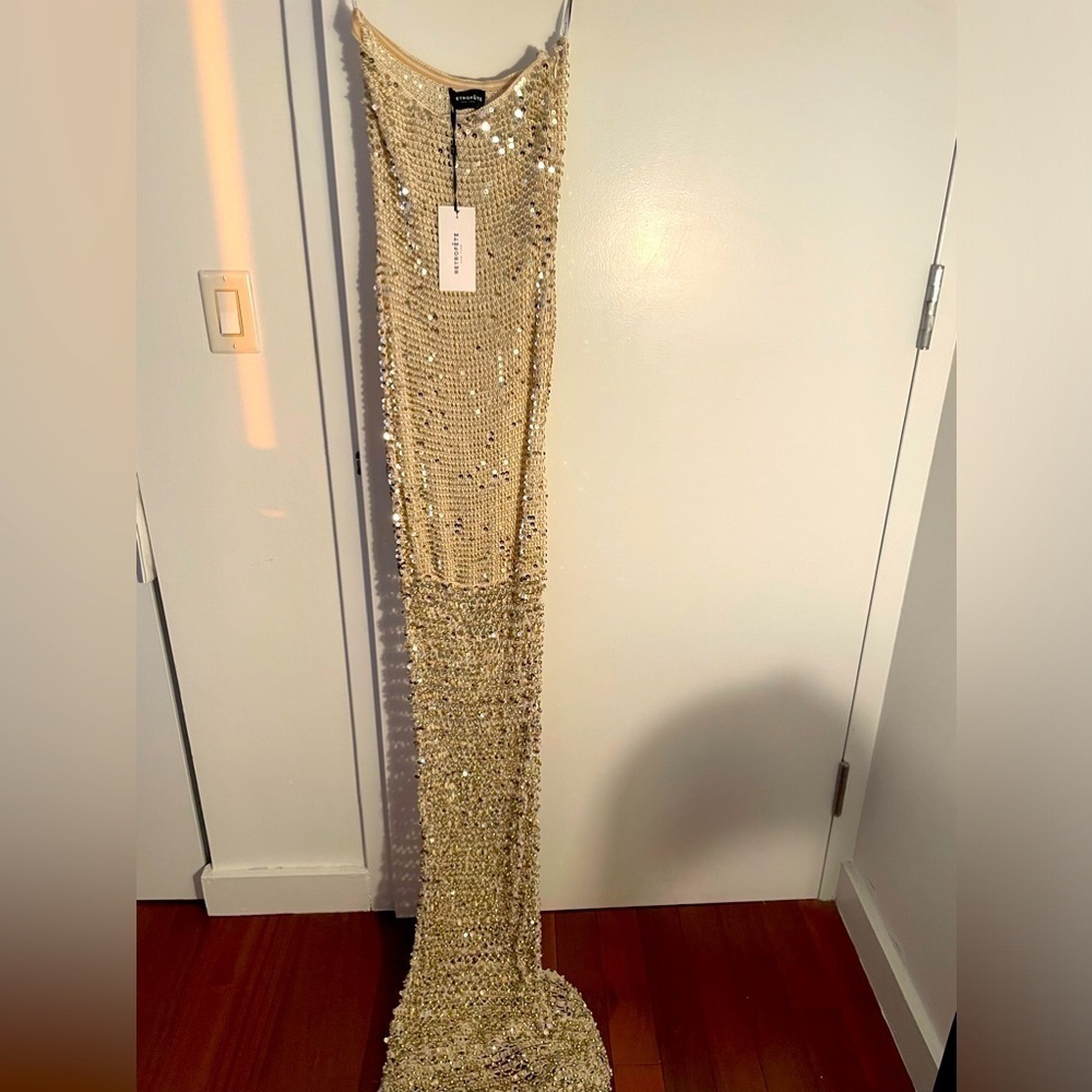 Retrofete Saraya gold crochet embellished gown NWT